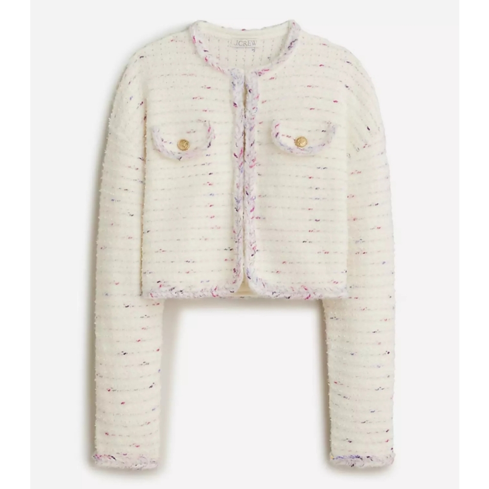 J.CREW Cropped in Marled Yarn Classic Casual Ivory‎ Tweed Jacket S
